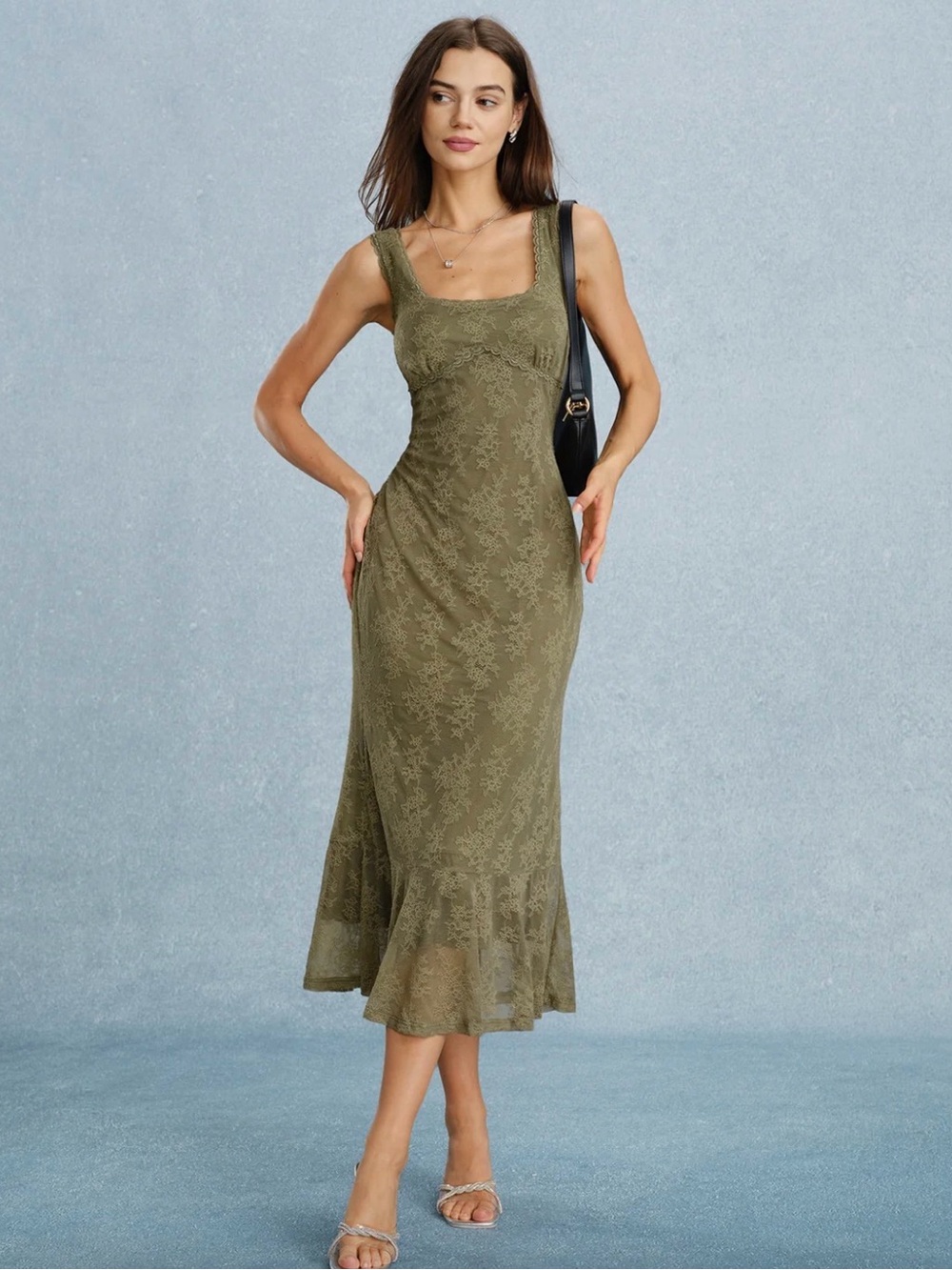 Green Square Neck Lace Floral Midi Dress